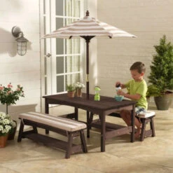 KidKraft Outdoor Table & Bench Set With Cushions & Umbrella - Oatmeal & White Stripes 500 -Baby Products Store 00500 00
