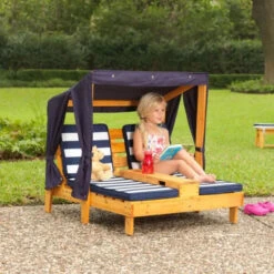 KidKraft Double Chaise Lounge With Cup Holders - Honey & Navy 524