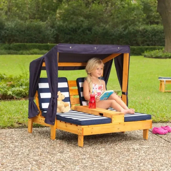 KidKraft Double Chaise Lounge With Cup Holders - Honey & Navy 524 3 KidKraft Double Chaise Lounge With Cup Holders - Honey & Navy 524